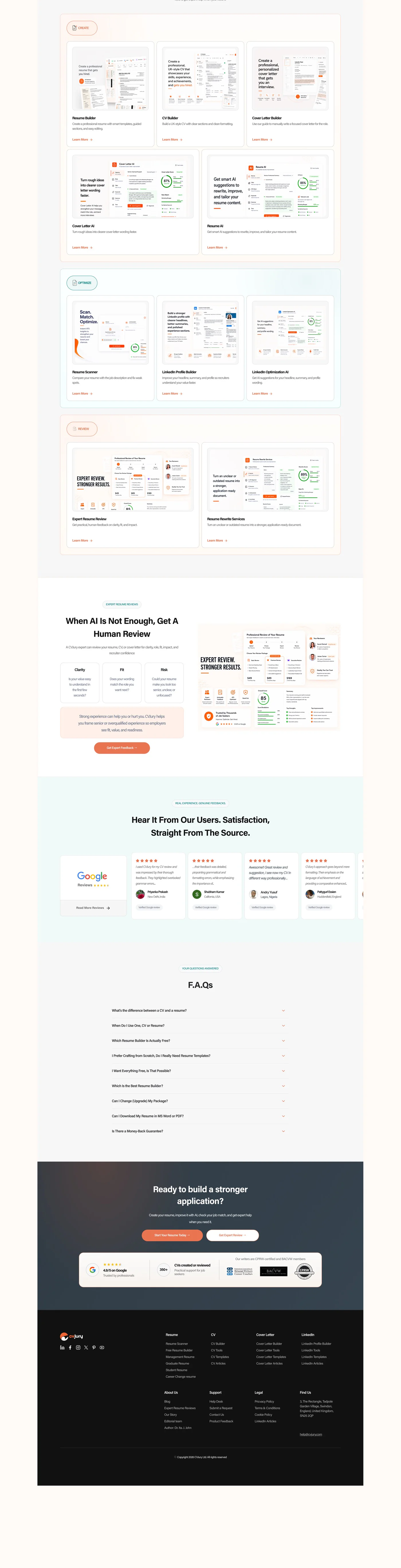 Redesigned CVJury homepage — lower half