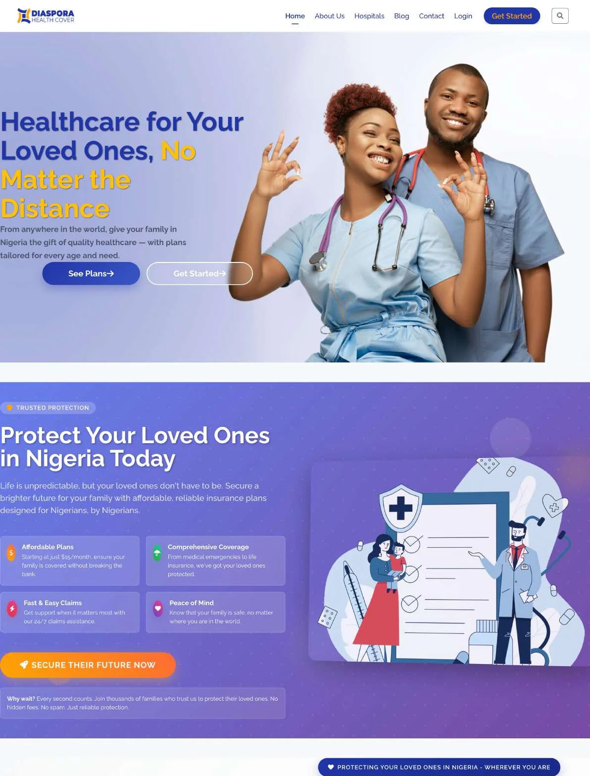 Diaspora Health Cover — original homepage, hero and benefits