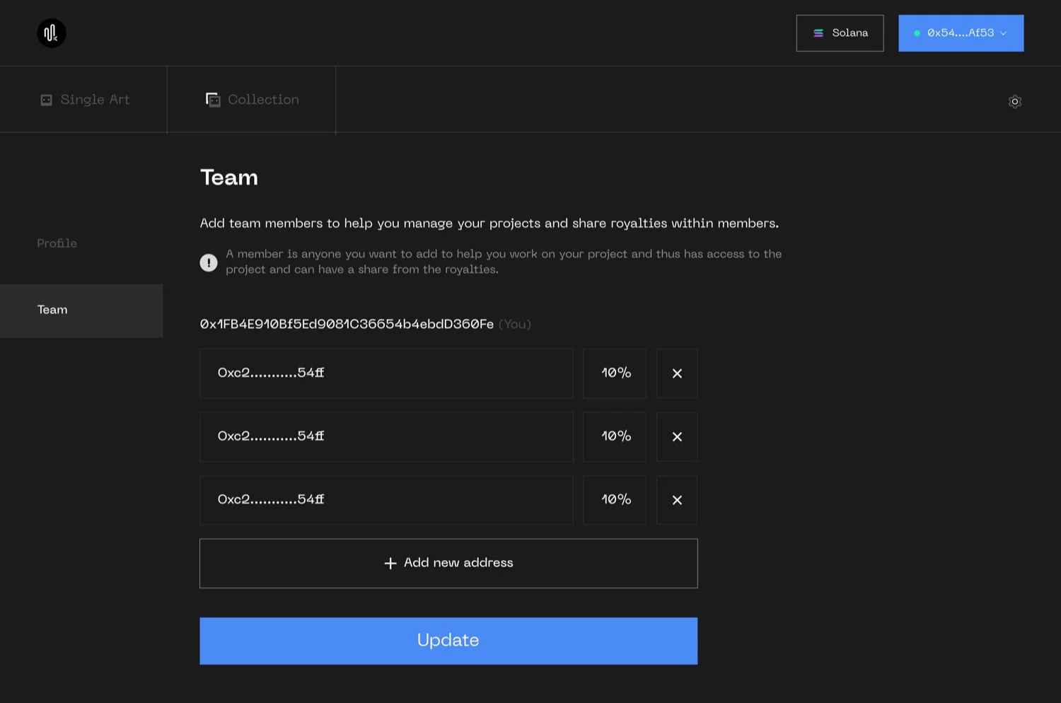 Merger X — settings and team royalty distribution