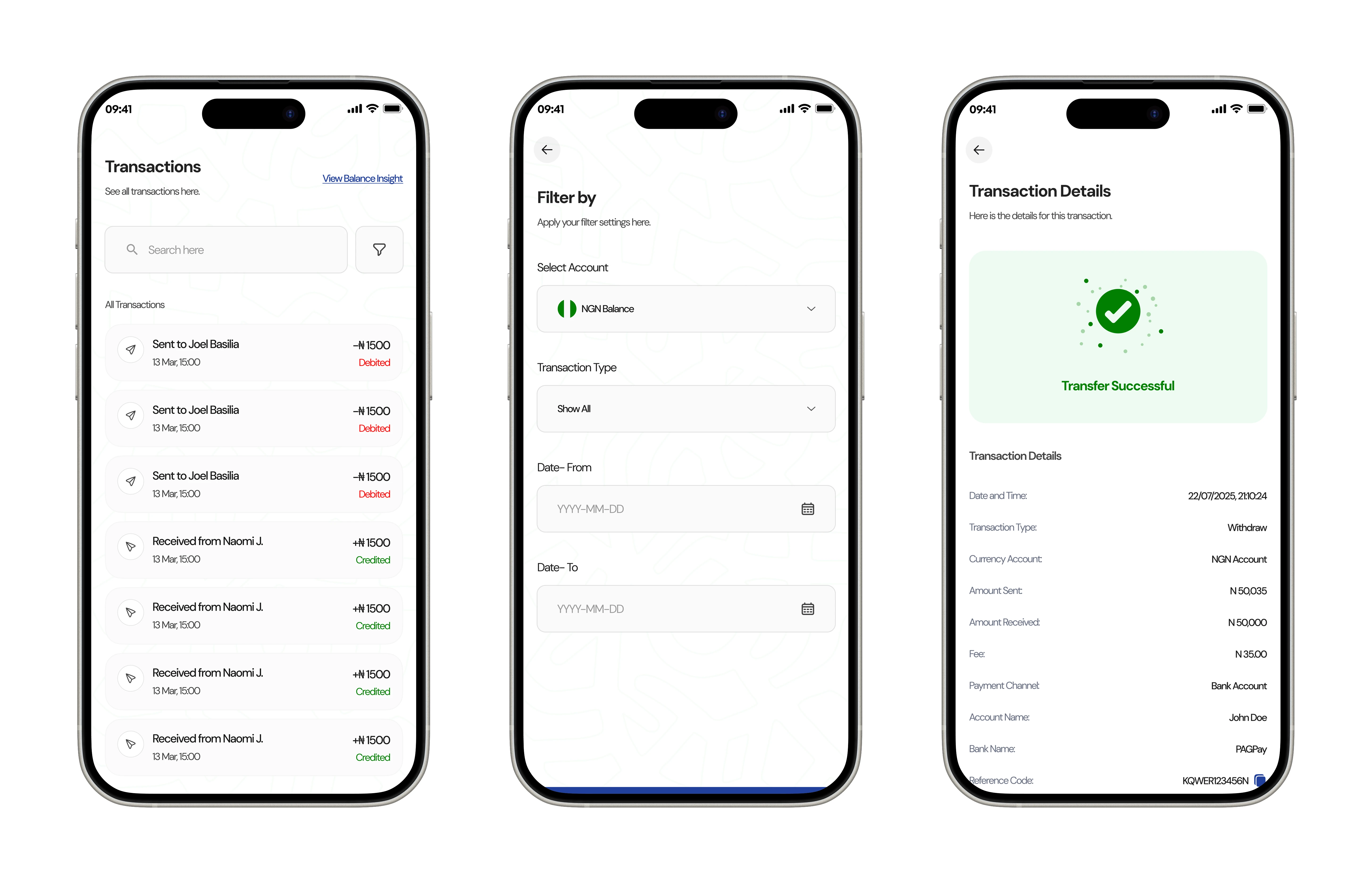 Transaction list and detail screens