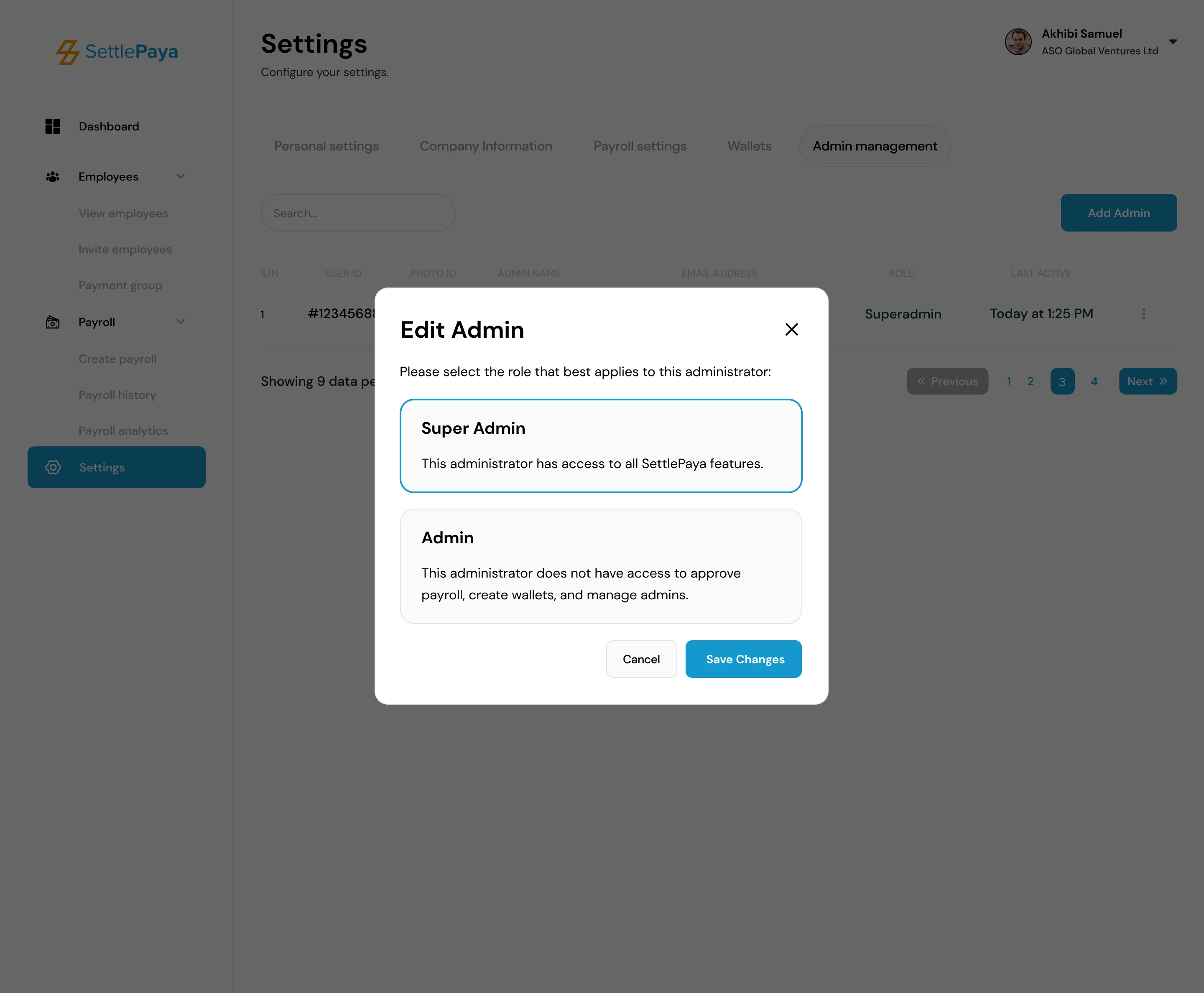 SettlePaya — edit admin dialog